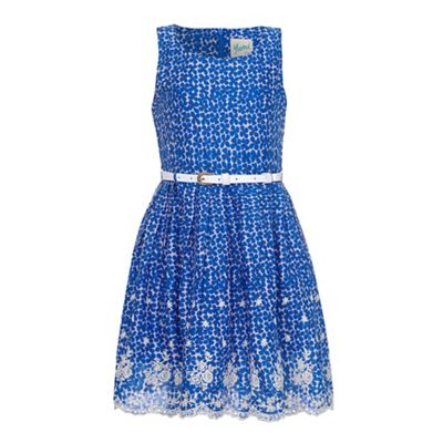 Blue Floral Print Lace Hem Dress